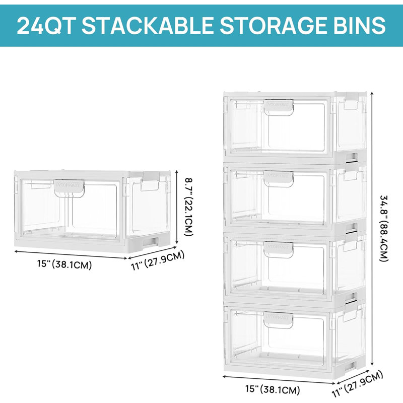 Vtopmart 4 Pack Clear Stackable Storage Bins With Lids 24qt, Foldable Storage Boxes With Doors Open Front, Plastic Closet Organizer For Craft, Toys, Pantry Organization