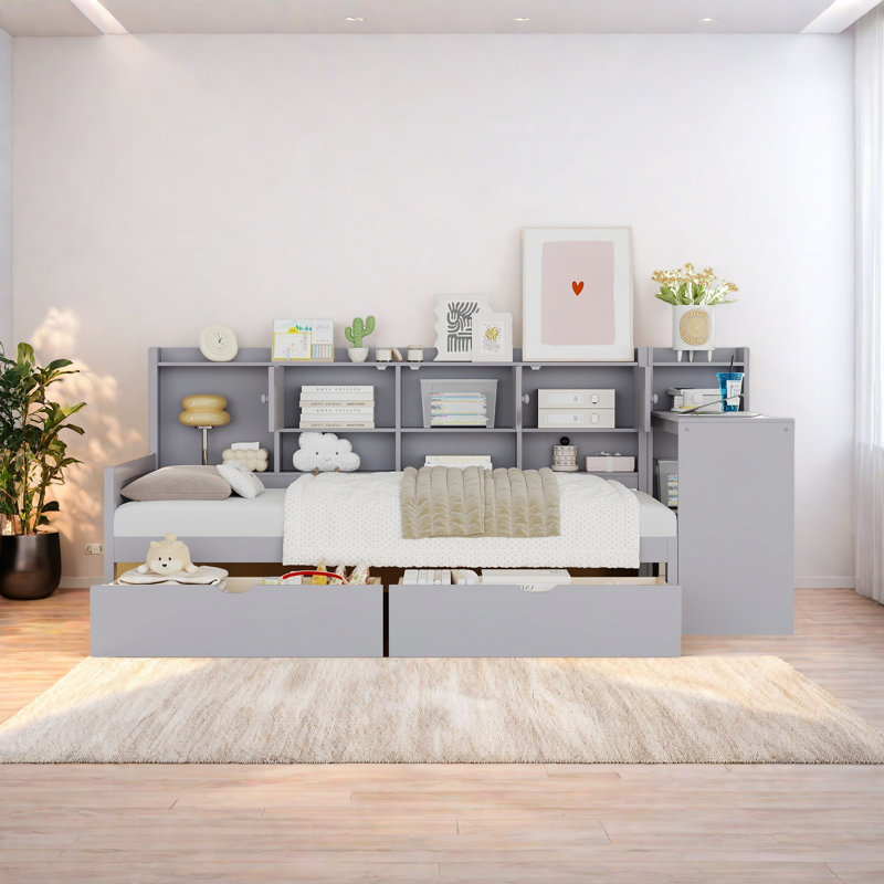 Lit de jour avec 3 armoires de rangement et 2 tiroirs, structure en L en bois avec bureau d'étude et bibliothèque intégrée, lit multifonctionnel pour chambre d'amis