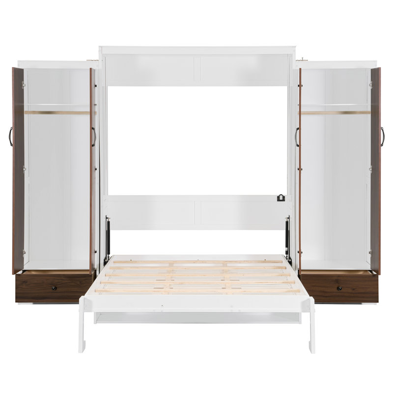 Grand lit escamotable mural avec placard, tiroirs et table, blanc