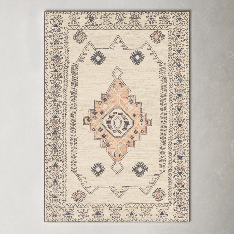 Ivory and Peach Hand Tufted Wool Area Rug 5' x 7'6"