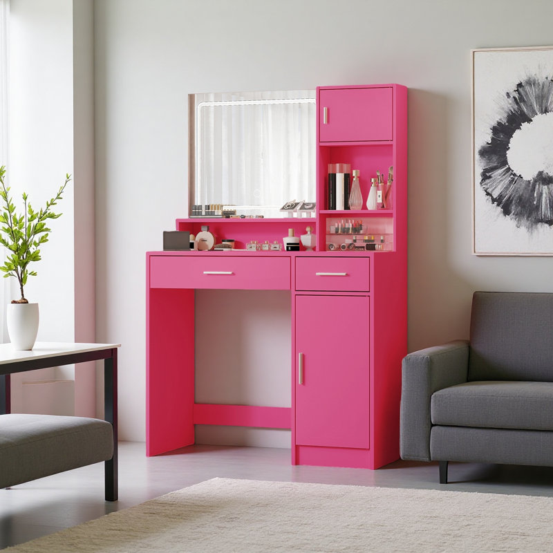 Bureau de coiffeuse avec miroir et bande lumineuse à DEL, coiffeuse avec grand tiroir, commode de rangement à 3 niveaux et 3 modes d'éclairage à luminosité réglable