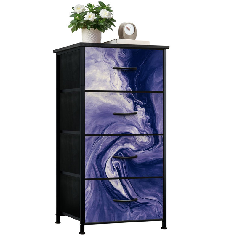 Commode à 4 tiroirs avec rangement vertical en marbre bleu et tiroirs en bois