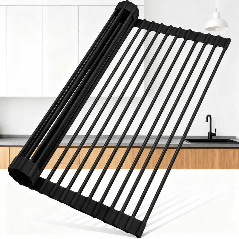 Silicone Roll-Up Over The Sink Dish Drying Rack & Mat, Heat-Resistant Non-Slip Multipurpose Foldable Drainer For Kitchen Countertop Organization