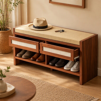 Banc à chaussures brun avec siège rembourré, 2 tiroirs en rotin et tablette de rangement ouverte