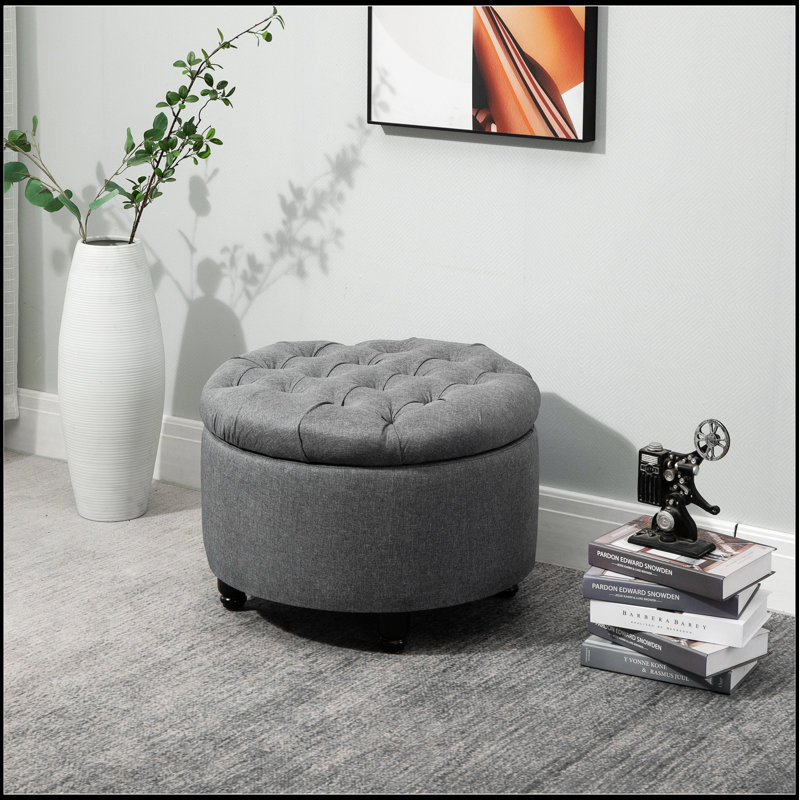 Repose-pieds rond avec repose-pieds en tissu de lin et capitonnage à boutons et couvercle amovible, gris
