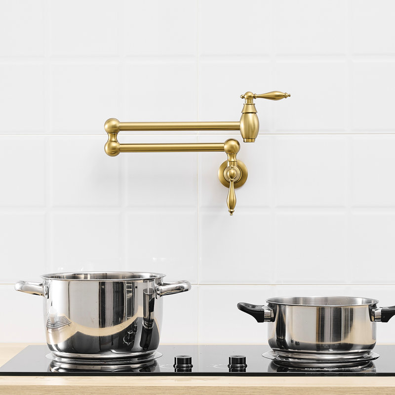Brushed Gold Kitchen Pot Faucet, Wall Mount Commercial Filler Faucet With Double Joint Swing Arms, Brass Material, One Hole Inlet, Cold Or Hot Water Use In Gold, Folding 360 Rotation Dual Handles
