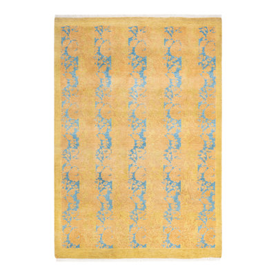 Tapis jaune / bleu noué à la main de conception unique 4 pi 1 po x 5 pi 10 po Vedrana Mogul