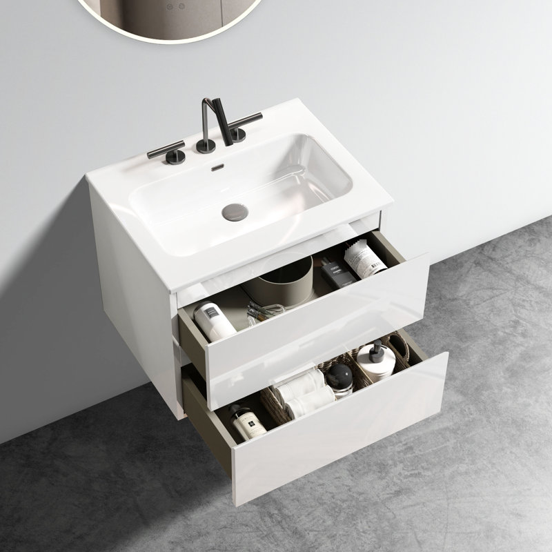 Meuble-lavabo mural de 61 cm (24 po) en blanc lustré - Lavabo en céramique, 3 trous pour robinet, grand espace de rangement, fermeture silencieuse, finition lustrée, nombreux rangements.