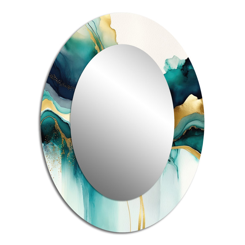 Sarcelle et or abstrait I - grand miroir mural ovale sur métal, 40 po x 30 po