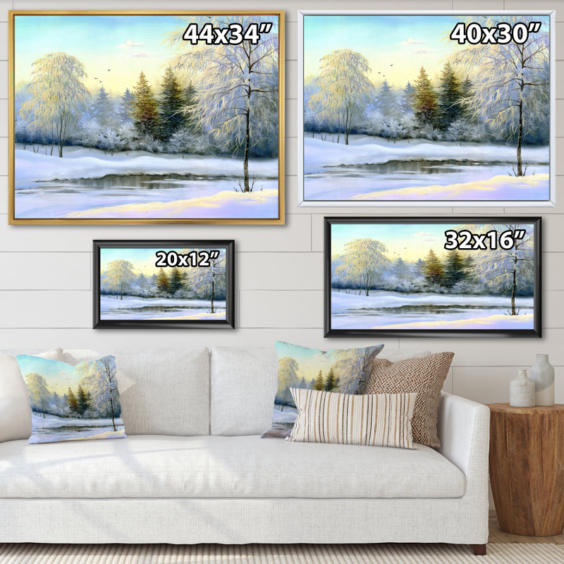 «Beautiful Winter River Landscape Pendant Sunset», peinture sur toile, H 12 po x l 20 po, Cadre flottant en érable