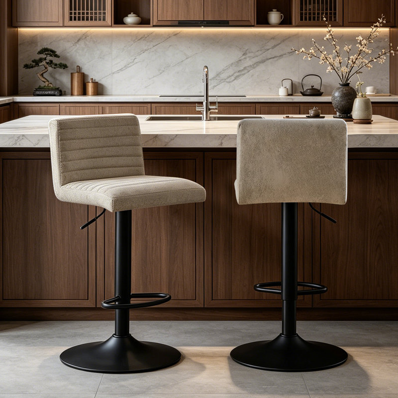 Modern Adjustable Height Suede Bar Stool 360 Swivel Low Back with Footrest, Beige