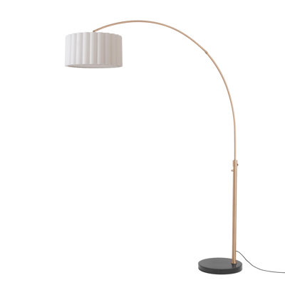Lampe arquée moderne 92 po Eichler - Laiton vieilli, base en marbre noir, abat-jour tambour en lin blanc, à intensité variable, ampoule incluse