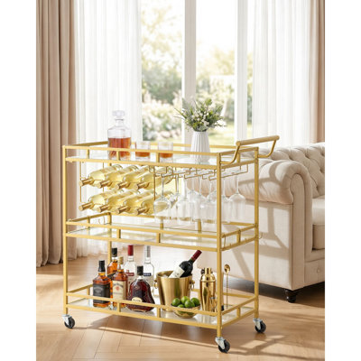 3-Tier Bar Cart with Tempered Glass Shelves, 34.6×14×35 in, Iron Frame + Engineered Wood, 1 Piece, Serving Cart, Gold, with Wine Rack & Glass Holders