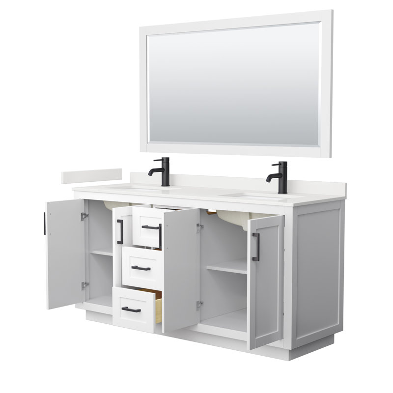 Ensemble de meuble-lavabo double autoportant 66 po avec plateau en quartz Miranda, Quartz blanc, Blanc, Noir mat