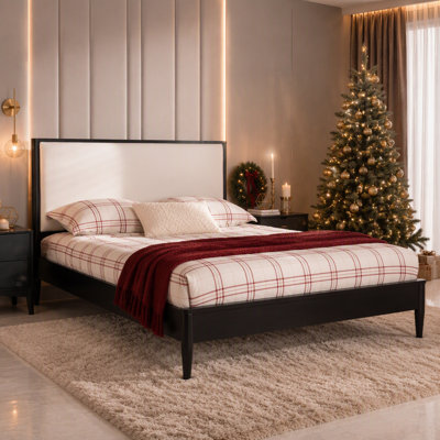 Platform Bed, Wood Bed Frame with Upholstered Headboard, Wood Slat Support
