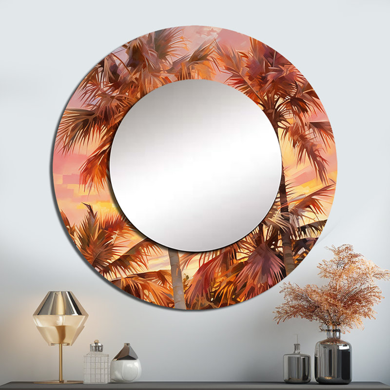 «Rose Radiance Sunset Palm Trees I», miroir mural rond traditionnel, art imprimé en métal, 36 po x 36 po
