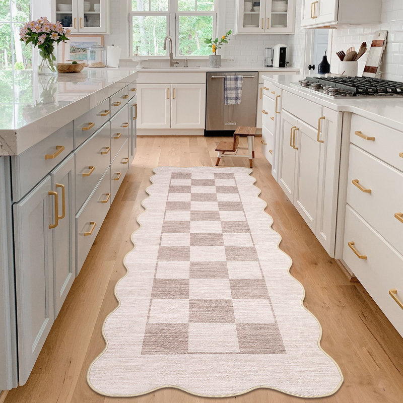 Washable Scalloped Rug Modern Checkerboard Rug Non Slip, Soft Non Shedding Thin Carpet, Indoor Low Pile Foldable Carpet, Contemporary Printed Mat for Living Room Bedroom