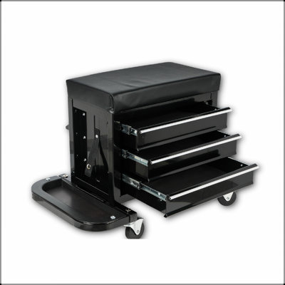 3-Drawer Tool Chest Rolling Mechanic Seat With Tool Trays, 350Lbs Max Weight Capacity, Black, Durable And Versatile
