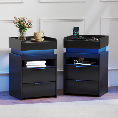 17.7"W Storage Nightstand With LED Lights