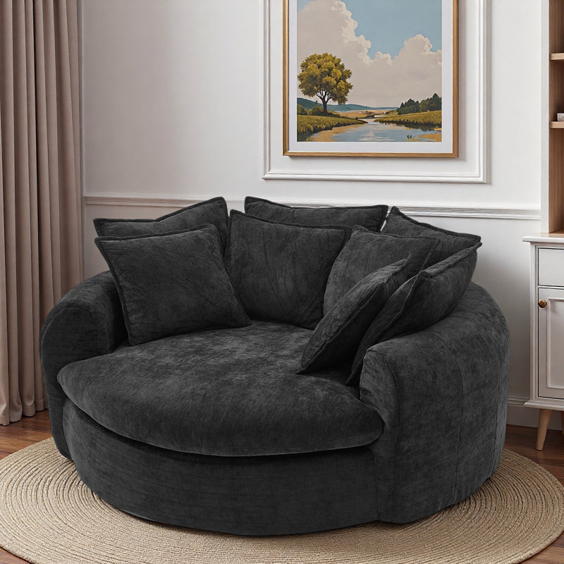 Canapé-lit rond à compression complète avec 8 coussins décoratifs, Noir