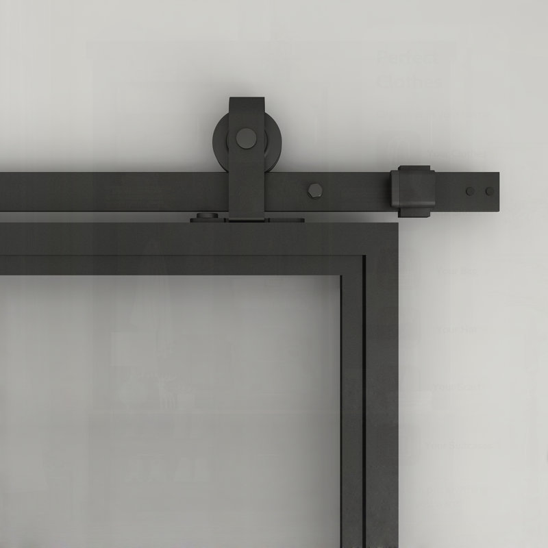 Porte de grange coulissante en acier noir Full Lite avec ensemble de quincaillerie et poignée pour l'intérieur moderne