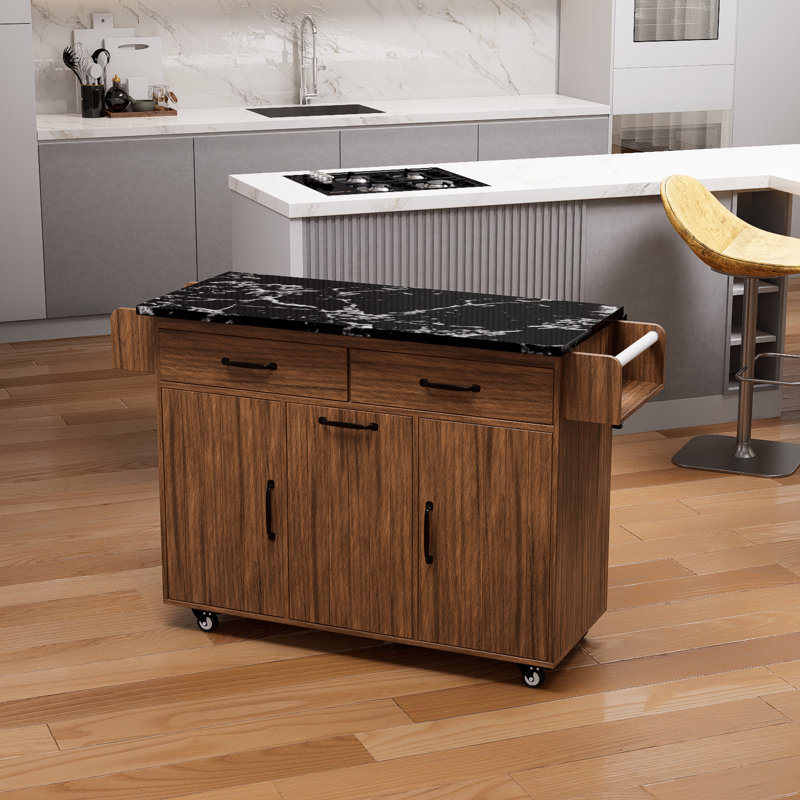 Walnut Brown Kitchen Island With Trash Can Storage, Kitchen Cart With Leaf Drop, Spice Rack, Towel Rack And Drawers, Rolling Kitchen Island With Adjustable Shelves On Wheels