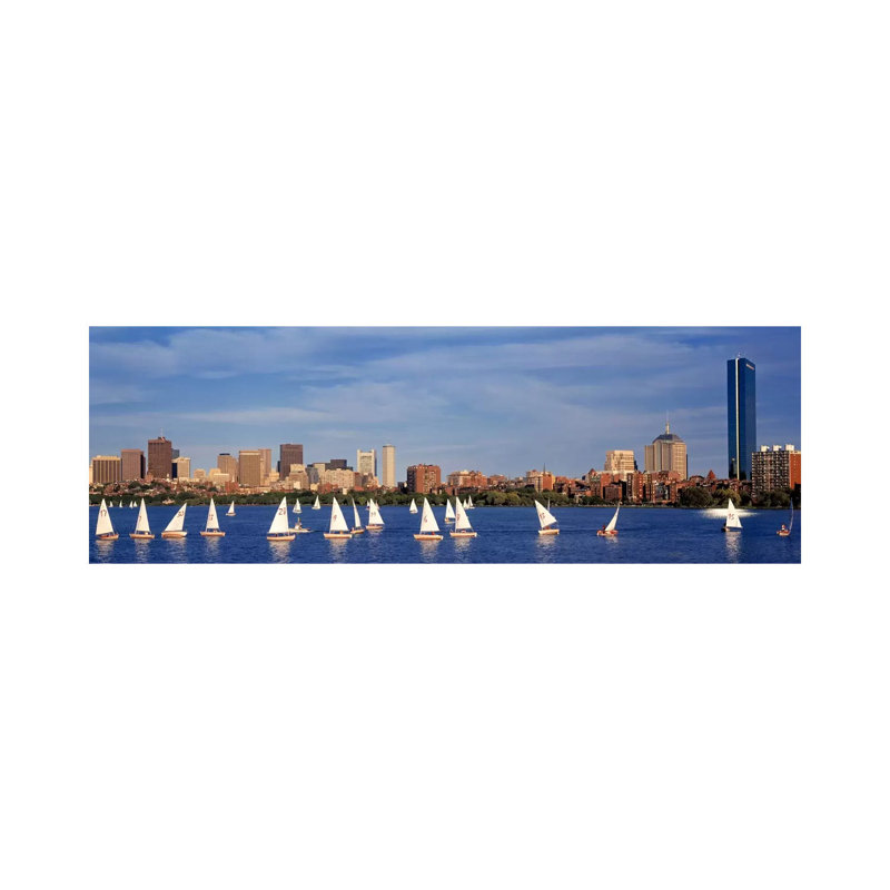 USA, Massachusetts, Boston, Charles River, View Of Boats On A River By A City - Wrapped Canvas Panoramic Print