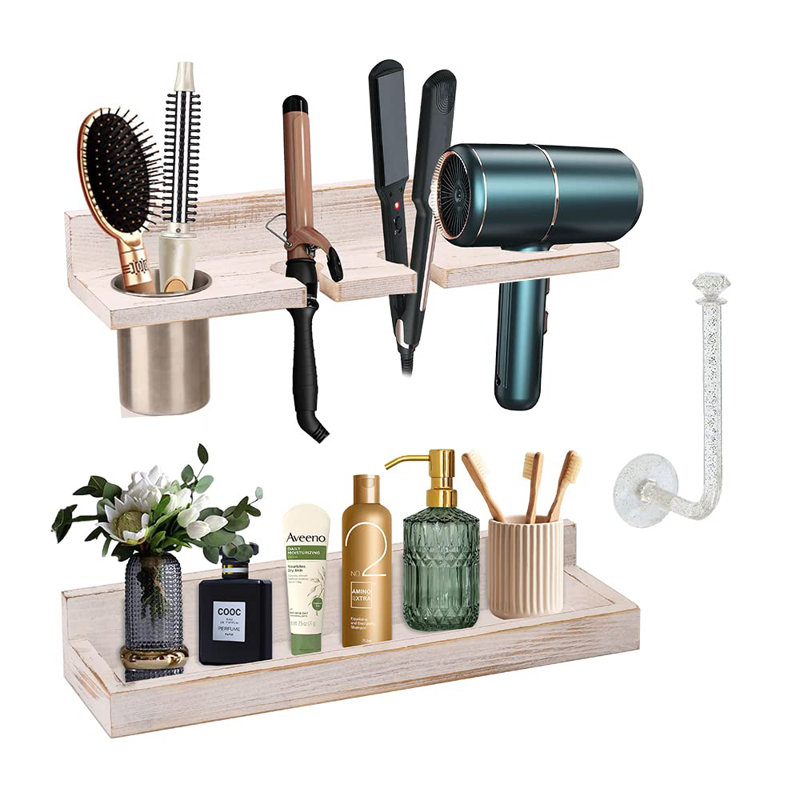 Hair Tool Organizer Wall Mount Holder, Set Of 2 Layer Rustic Blow Dryer Holder, Hair Product Organizer Wooden Storage For Hair Dryer, Curling Iron
