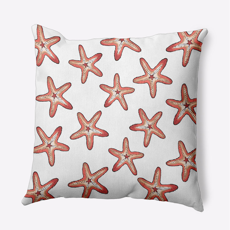 Housse de coussin d'extérieur carré à imprimé étoile de mer, 16 po x 16 po, Blanc/Corail