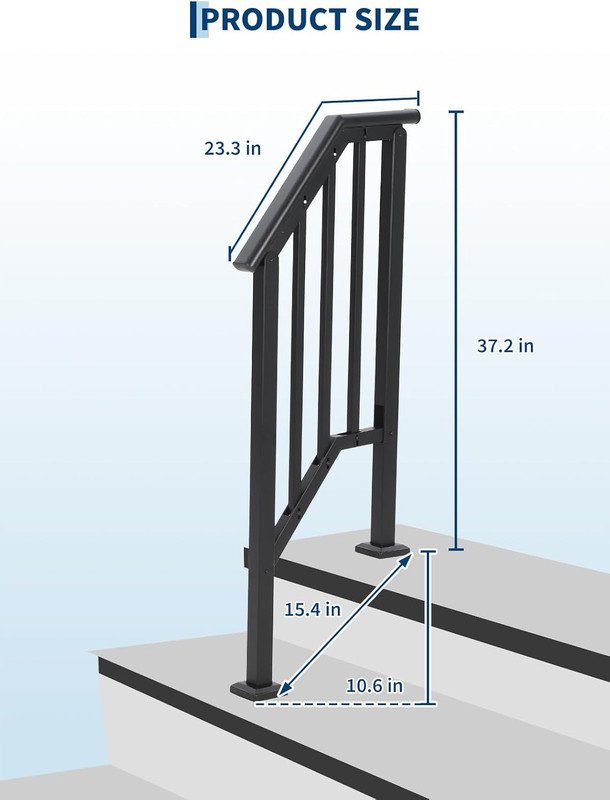 Main courante réglable pour 3 à 4 marches extérieures, rampe d'escalier en fer forgé avec balustres, noir, 500 lb