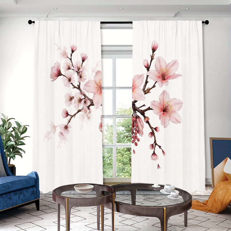 2Pcs Pink Cherry Blossom Curtains, Rod Pocket Sun Blocking, Floral Nature Theme, All-Season For Living Room Bedroom Study Window Decor