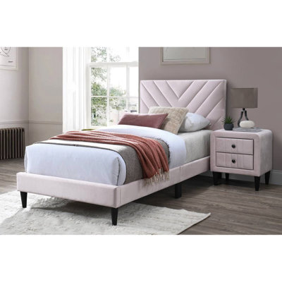 Lit simple rose avec tête de lit en velours ajustable, structure de soutien de style contemporain et sans sommier, pieds de support centraux