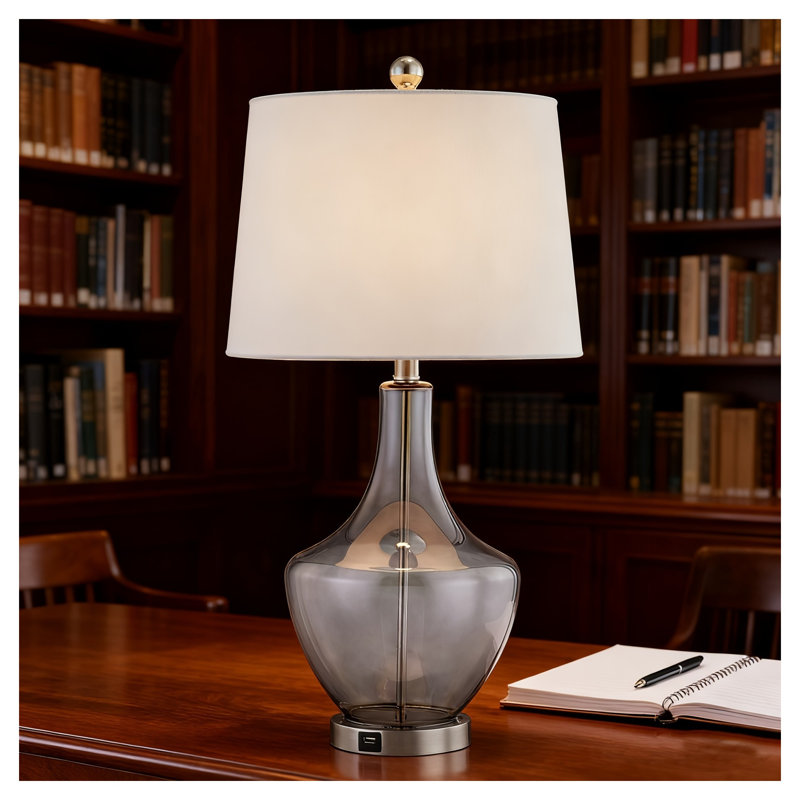 26" Modern Glass Table Lamp with USB Charging Port, 3-Way Dimmable Nightstand Light with Smoked Grey Base and Beige Fabric Shade for Bedroom, Living Room, Office