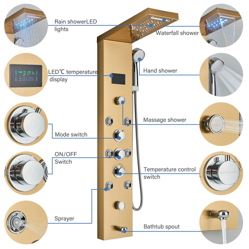 FCOTEEU Shower Panel Tower System – Brushed Gold, LED Rainfall & Waterfall Shower Head, Body Massage Jets, Handheld Shower & Tub Spout, SUS304 Stainless Steel
