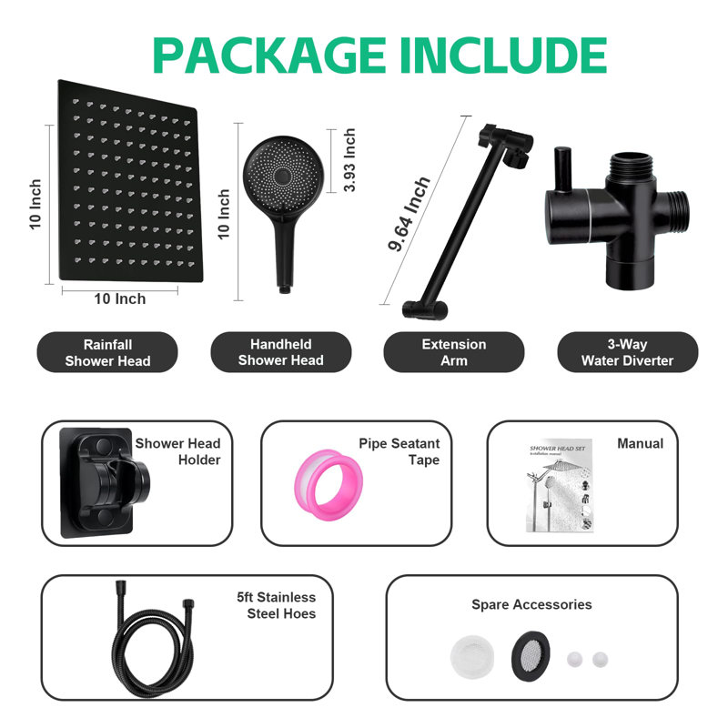 Shower Head, Rain Shower Head With Handheld Spray Combo And Adjustable Extension Arm, 3-Way Flow Regulator, High Pressure Rain Fall Hose