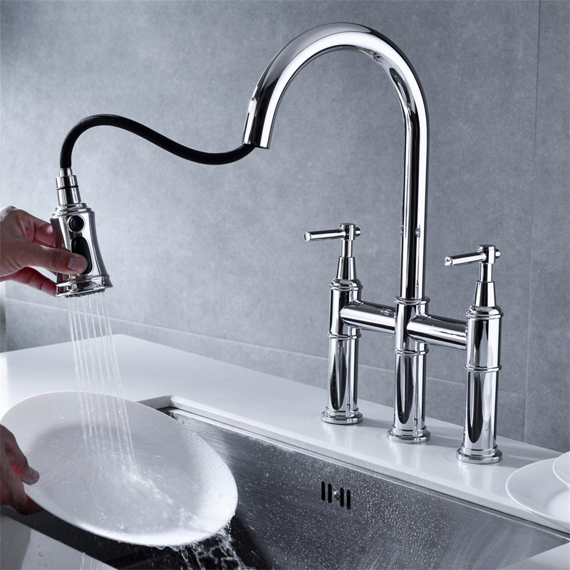 Robinet de cuisine Bridge avec douchette extractible encastrée, Chrome