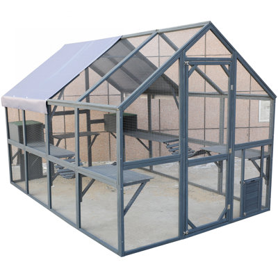 Large Wooden Cat Catio with Bridges, Walks, and Houses for Outdoor Play and Shelter, 110 Inch