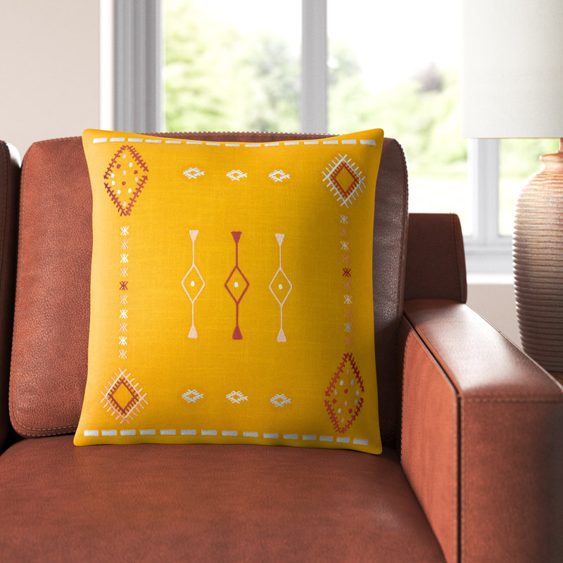 Decatur Embroidered Down Throw Pillow, Mustard/Dusty Pink/Pale Blue, 18" x 18", Down