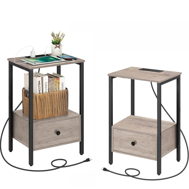 Table d'appoint avec chargeurs et tiroirs, Brun / noir