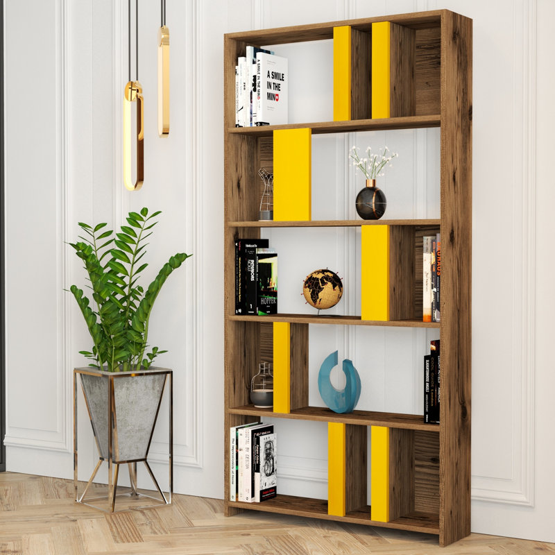 Modern Bookshelf with Numerous Shelves, Walnut & Yellow Finish, 35.4 x 70.9 x 7.9 inches | 100% Melamine Coated Particle Board, Thickness: 0.7 inches | Wall-Mountable Design, Perfect for Home or Office Organization