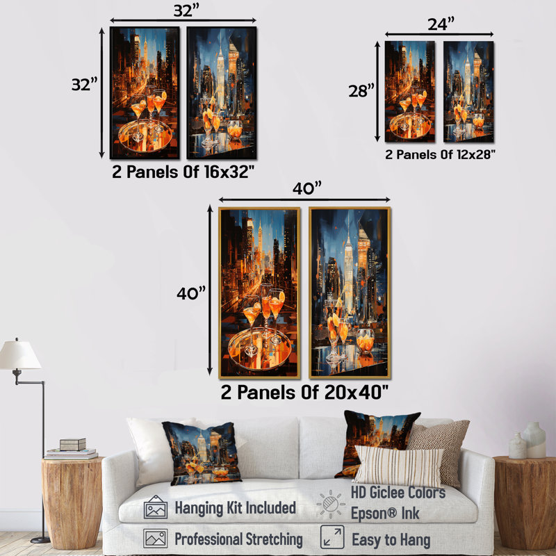 Manhattan Metropolis Cocktail - ensemble de 2 reproductions d'art sur toile, Encadrement brun, H 32 po x l 33 po