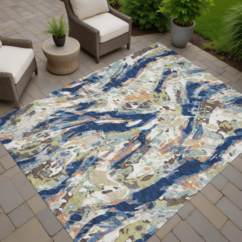 Machine Washable Indoor/Outdoor Chantille ACN2441 Abstract Rug, Navy, 5' x 7'6"