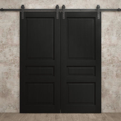 Porte de grange double moderne 36 x 80 pouces Ego 5012 Chêne noir peint Ensemble de rails de 13 pieds Portes intérieures à panneaux pleins