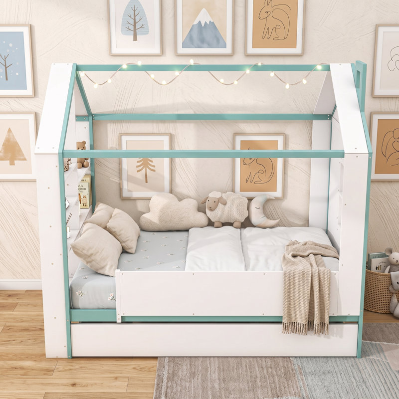 Structure de lit House avec lit gigogne, tablettes de rangement et éclairage DEL, Lit double, Bleu blanchi