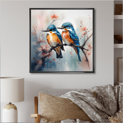 «Blue Birds Sitting On Tree Branch I», reproduction d'oiseaux sur toile