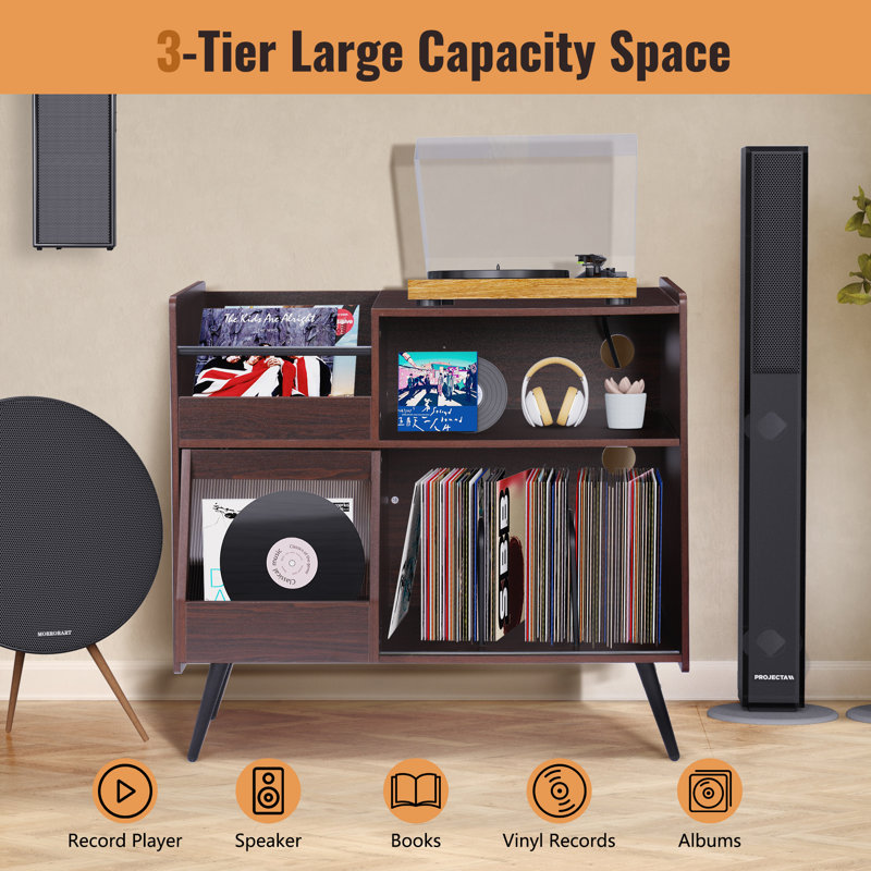 Large Dark Brown Wood Record Player Stand with LED Light and Power Outlet