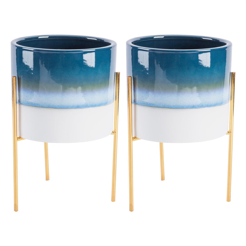 Nicola Spring - Reactive Glaze Plant Pots on Stands - 19cm, Blue/Gold