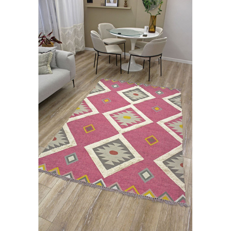 Kilim rustique fuchsia rustique géométrique lavable à la machine, Sous-tapis rectangulaire 5 pi 1 po x 7 pi 7 po inc