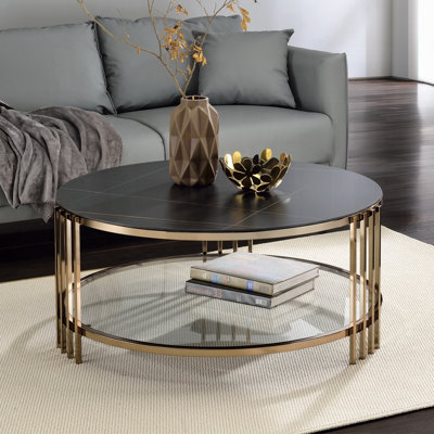 Table basse ACME Abisha, plateau en pierre frittée et finition champagne