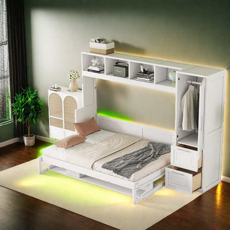 Lit escamotable pleine grandeur peu encombrant avec structure en MDF, style moderne pour des espaces polyvalents